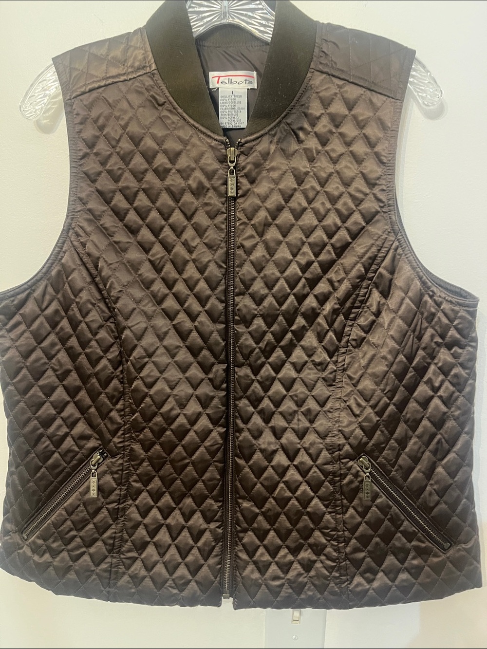 Talbots Quilted Chocolate Brown Sleeveless Zip Vest Brown, Size L
